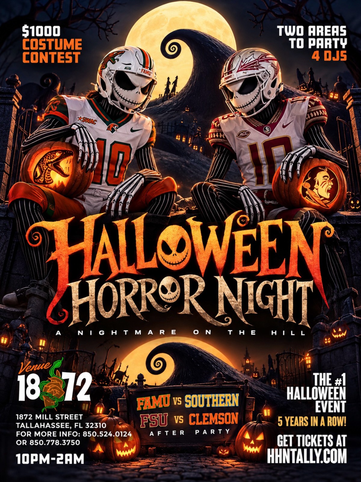 Halloween Horror Night official flyer — Saturday, October 31, 2026, 10PM to 2AM, Venue 1872, Tallahassee.